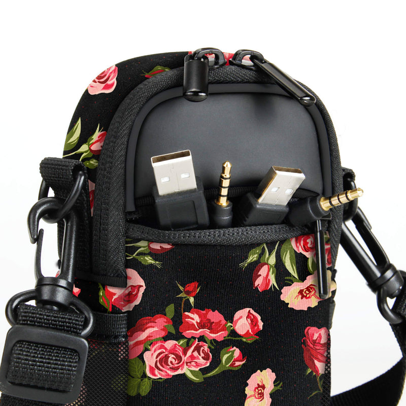 USA GEAR Compact Camera Case Point and Shoot Camera Bag with Accessory Pockets, Rain Cover and Shoulder Strap - Compatible with Sony CyberShot, Canon PowerShot ELPH, Nikon COOLPIX and More (Floral) Floral and Black