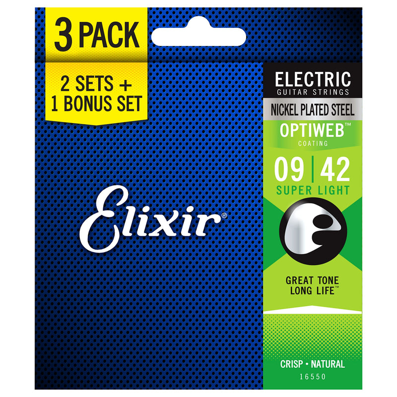 Elixir Strings 16550 Guitar Strings with OPTIWEB Coating, 3 Pack, Super Light (.009-.042) Super Light (.009-.042)