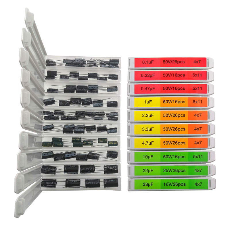 EEEEE 0.1uF－2200uF capacitors 20 Value 304pcs Individual Box Lid Electrolytic Capacitor Assortment kit for Industrial Electrical and arduino