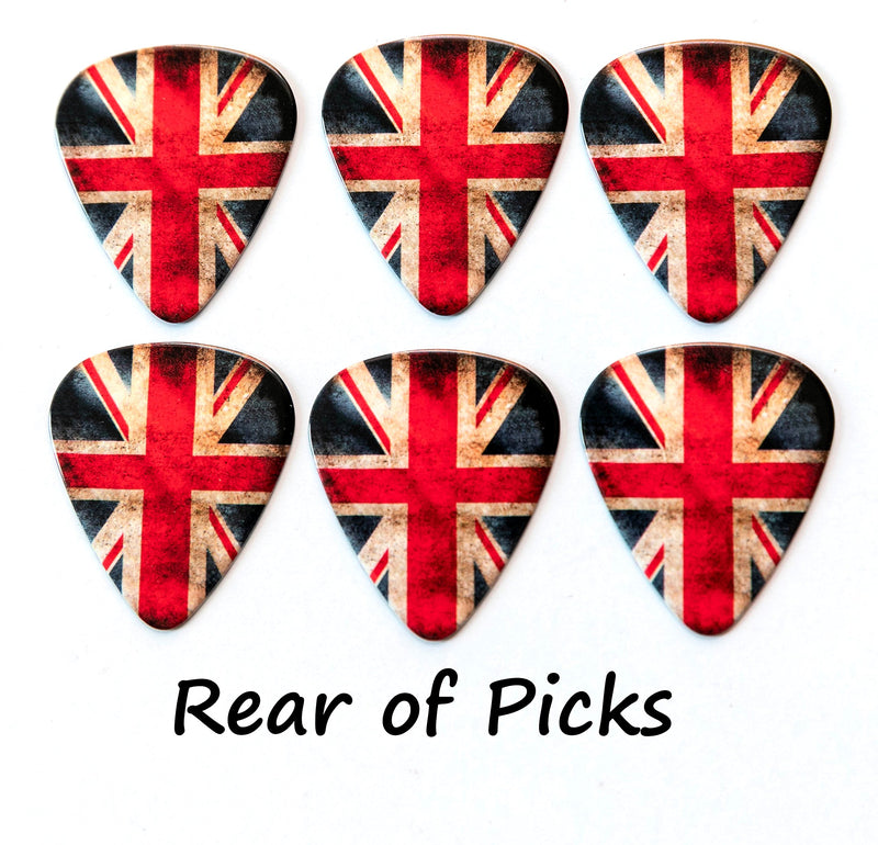 Worn Union Jack 6 Guitar Picks Double Sided With Leather Plectrum Holder Keyring