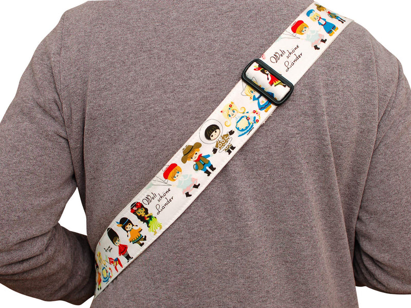 MUSIC FIRST Original Design, 2 inch width (5cm), Cute Cartoon Delux“What A Wonderful World” Soft Cotton & Genuine Leather Ukulele Strap, Guitar Strap, Mandolin Strap