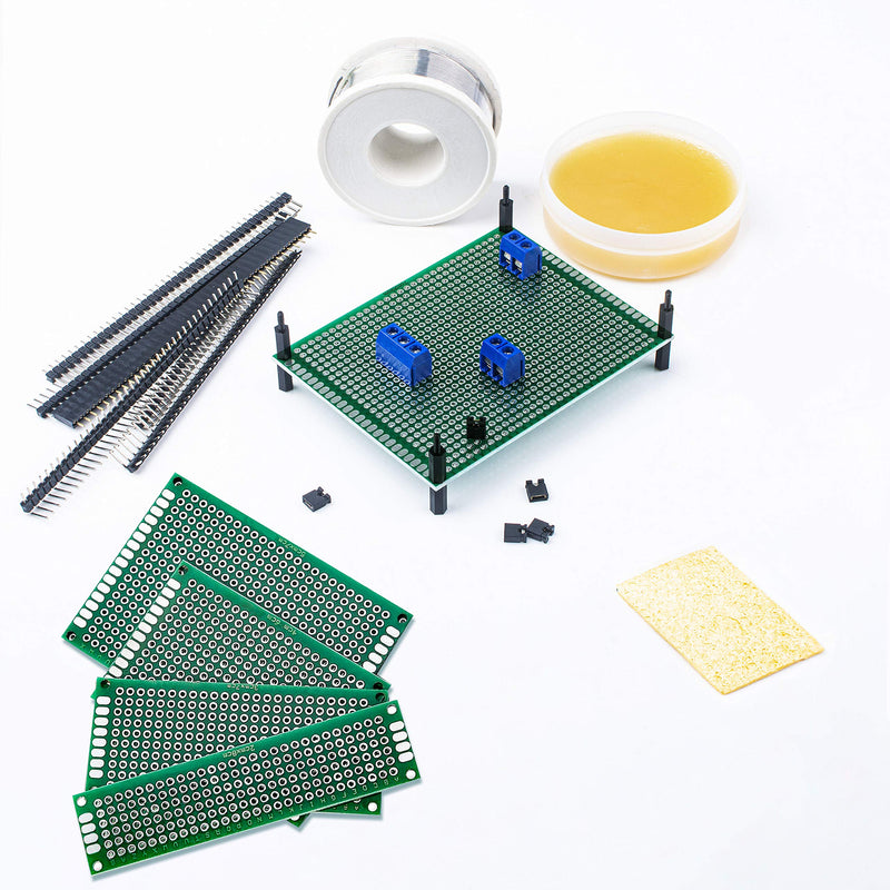 Miuzei PCB Board Prototype Kit for Electronic Projects, Circuit Solder Double-Side Board with 40 Pin 2.54 mm Male to Female Headers Connector, 2P&3P Screw Terminal Block, Solder Flux, Solder Wire