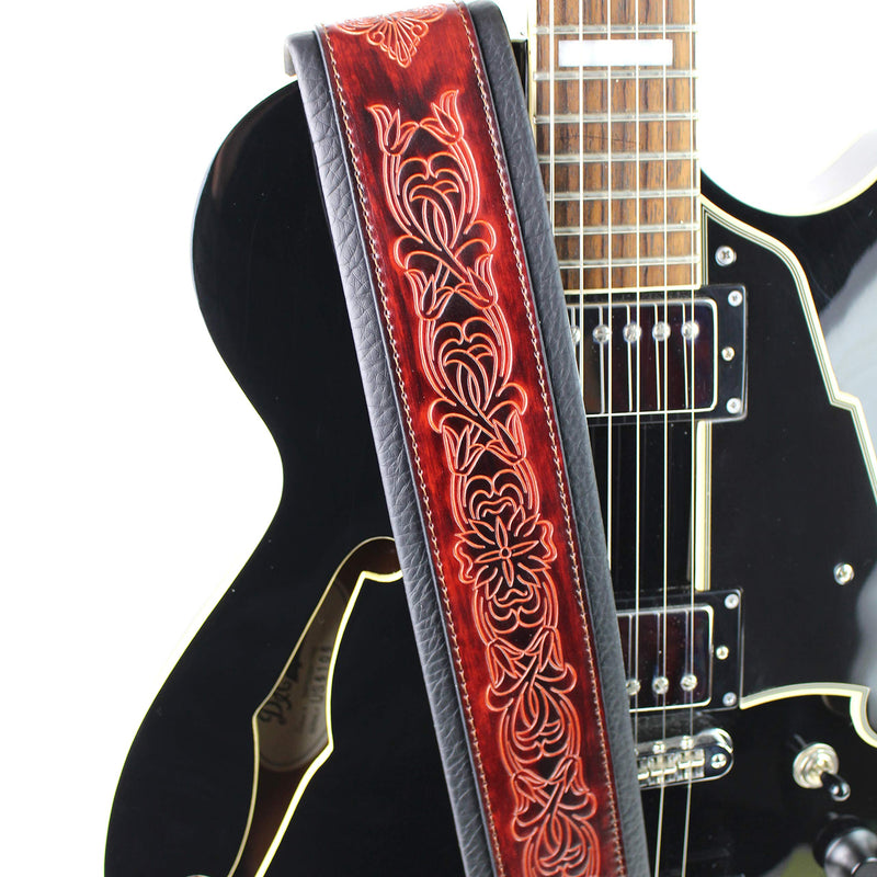 Walker And Williams GB-21 Red Bourbon Padded Leather Strap with Fleur De Lis & French Chain Design