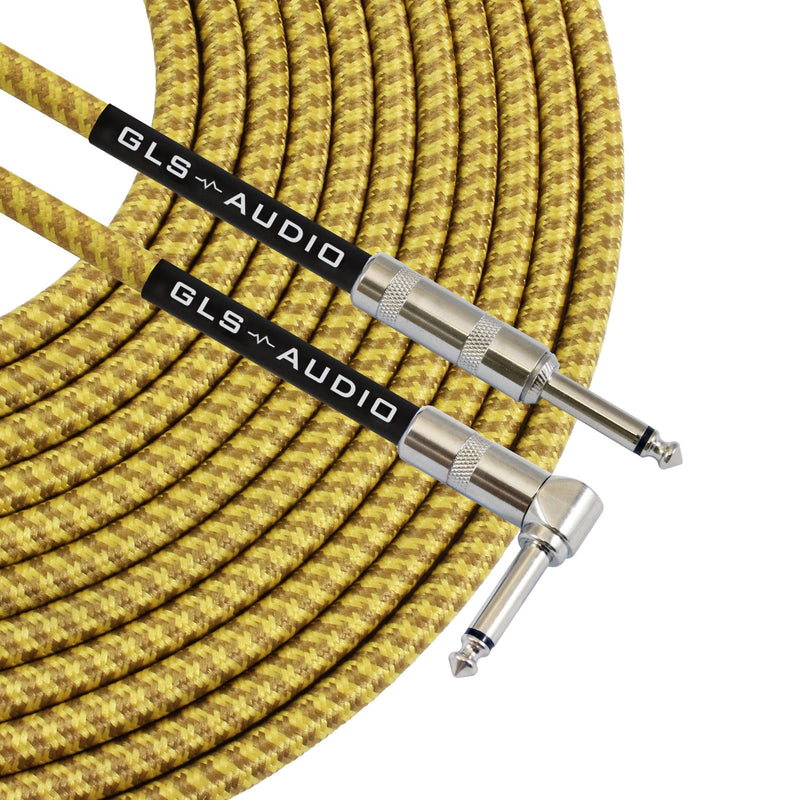 [AUSTRALIA] - GLS Audio 20 Foot Guitar Instrument Cable - Right Angle 1/4 Inch TS to Straight 1/4 Inch TS 20 FT Brown Yellow Tweed Cloth Jacket - 20 Feet Pro Cord 20' Phono 6.3mm - Single 