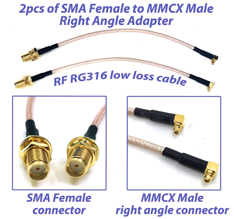 Pack of 2 RF RG316 Pigtail SMA Female Antenna Connector to MMCX Male Coaxial Cable Adapter Right Angle (4 inch (10 cm)) 4 inch (10 cm)