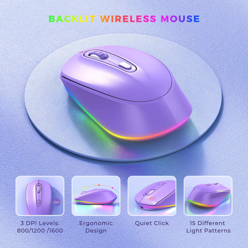 Wireless Keyboard and Mouse Backlit - Rechargeable Keyboard Mice Combo, Full Size USB Light Up Keyboard Mouse Cordless for Computers, PC, Laptop, Chromebook - Purple A Purple Keyboard Mouse Backlit