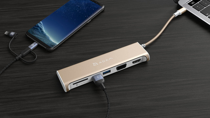 ADAM elements 5-in-1 USB C Hub - 4K USB C to HDMI - SD Card Reader - 2 USB 3.1 Ports - Portable, Durable Aluminum Case Gold