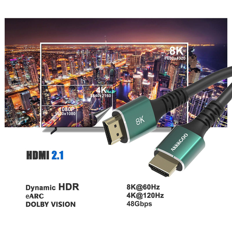 AKKKGOO 8K HDMI Cable 10ft HDMI 2.1 Cable Real 8K, High Speed 48Gbps 8K(7680x4320)@60Hz, 4K@120Hz, HDCP 2.2, 4:4:4 HDR, 3D, eARC Compatible with Apple TV, Samsung QLED TV (3M) 10ft/3m