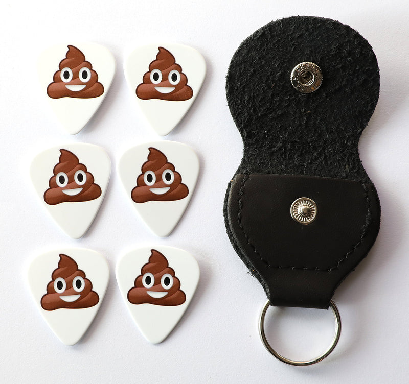 6 Poop Emoticon Guitar Picks With Leather Plectrum Holder Keyring