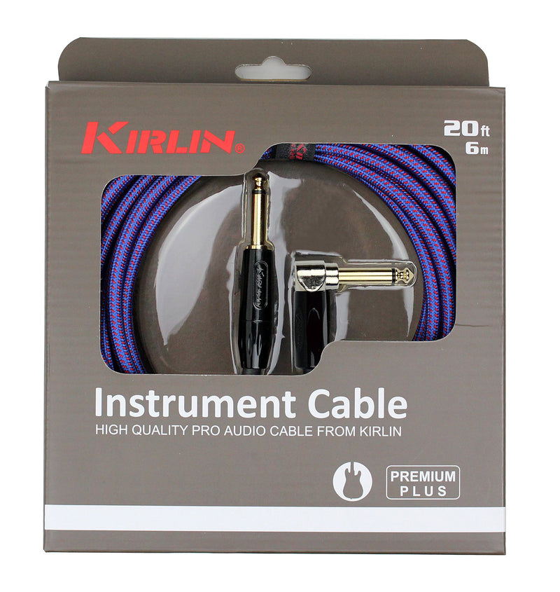 [AUSTRALIA] - Kirlin Cable IWB-202BFGL-20/RO -20 feet- Straight to Right Angle 1/4-Inch Plug Premium Plus Instrument Cable, Royal Blue Tweed Woven Jacket 