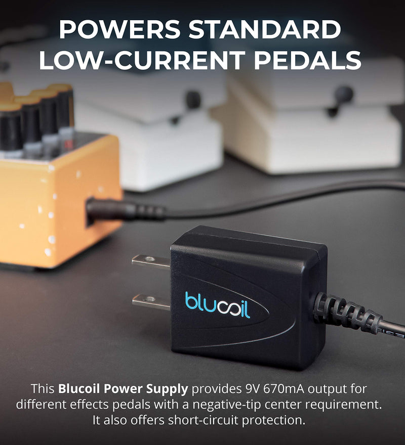 Blucoil 9V 670mA Power Supply with Slim US Plug AC Adapter Center Negative - Compatible with BOSS, Behringer, DigiTech, Jim Dunlop, MXR, Nobels, NUX, Roland, TC Electronic, Xotic, Zoom Effects Pedals