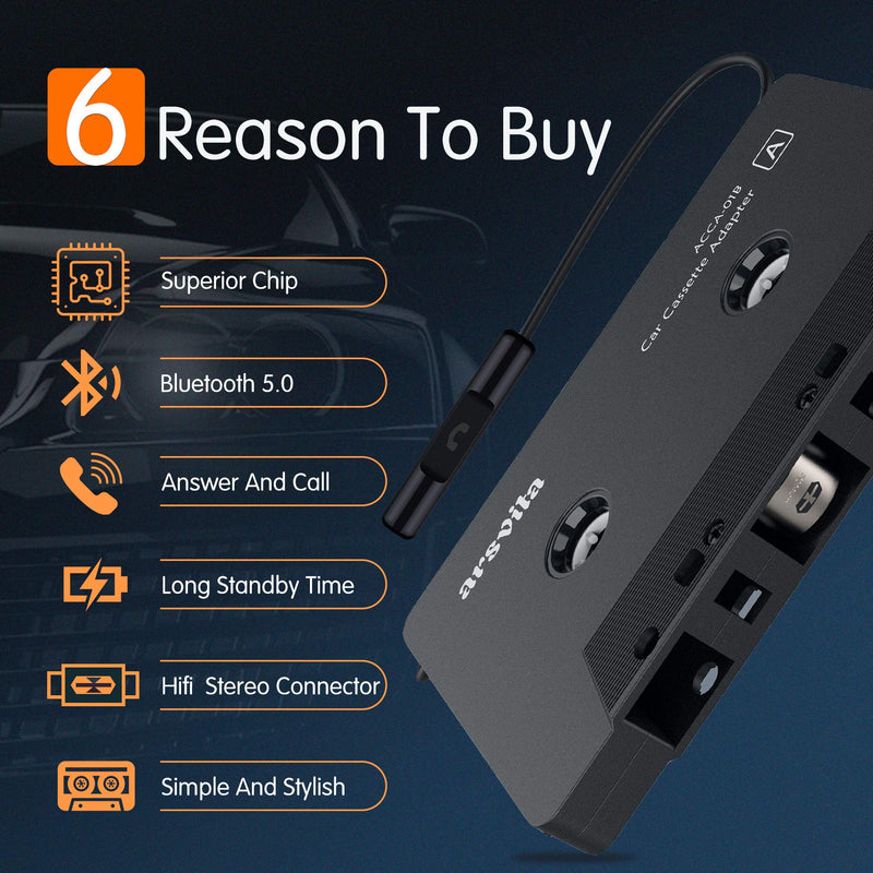 Arsvita Car Audio Bluetooth Cassette Receiver Tape Player Bluetooth 5.0 Cassette Aux Adapter