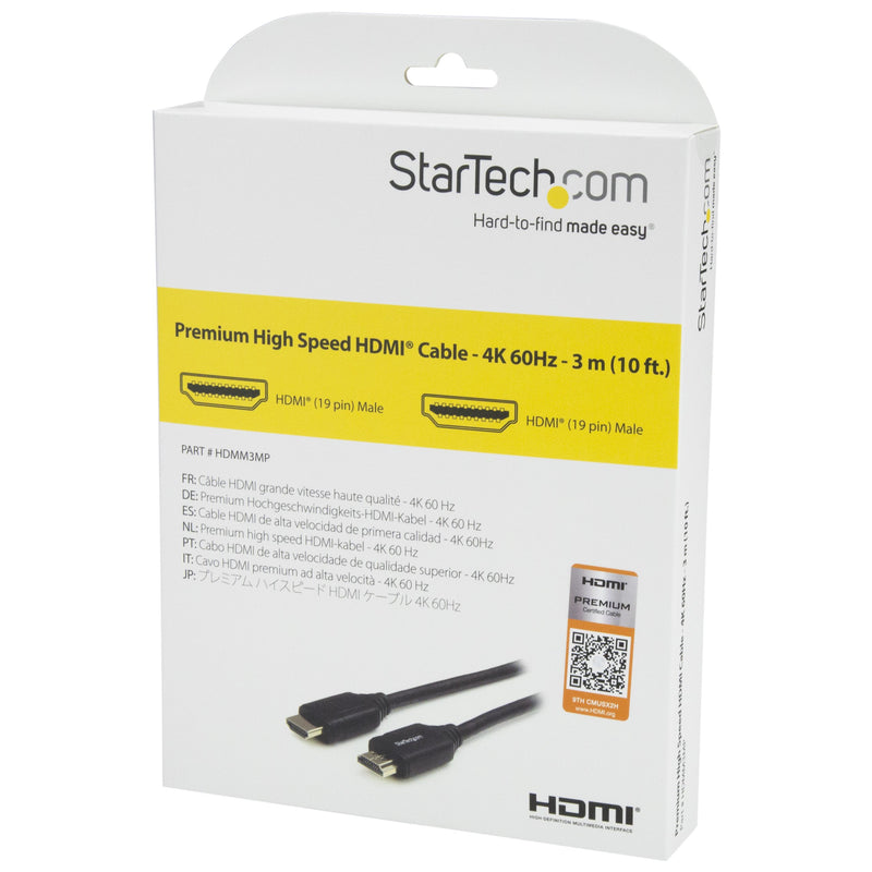 StarTech.com Premium Certified High Speed HDMI 2.0 Cable with Ethernet - 10ft 3m - Ultra HD 4K 60Hz - 10 feet HDMI Male to Male Cord - 30AWG (HDMM3MP) , Black