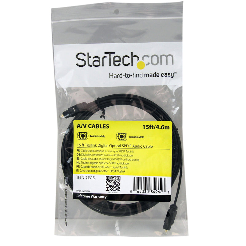 StarTech.com 15 ft Thin Toslink Digital Optical SPDIF Audio Cable - 15ft / 15 Feet Optical Audio Cable (THINTOS15),Black 15 ft / 4.5m