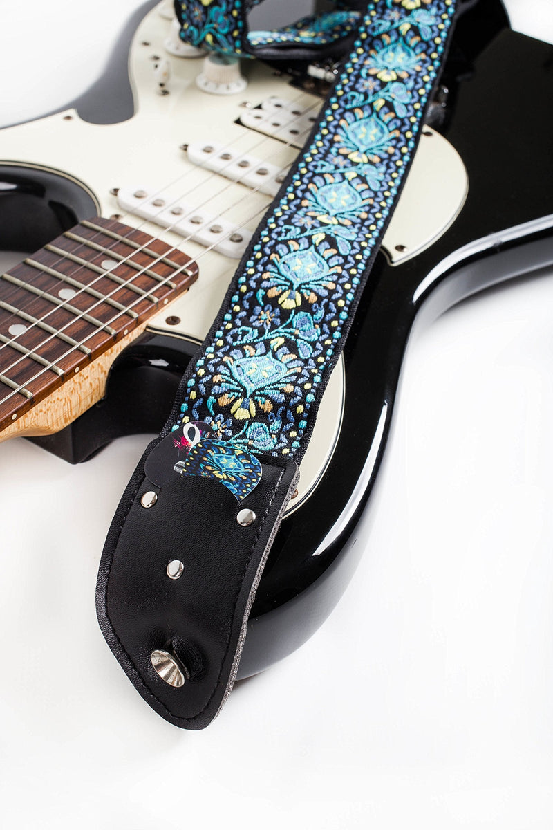 [AUSTRALIA] - Hootenanny Guitar Strap, Jacquard Weave Embroidered Strap Includes 2 Strap Locks & 2 Unique Picks. Adjustable Strap, Pick Pocket, For Bass, Electric & Acoustic Guitars Gift for Men & Women Blue Woven 