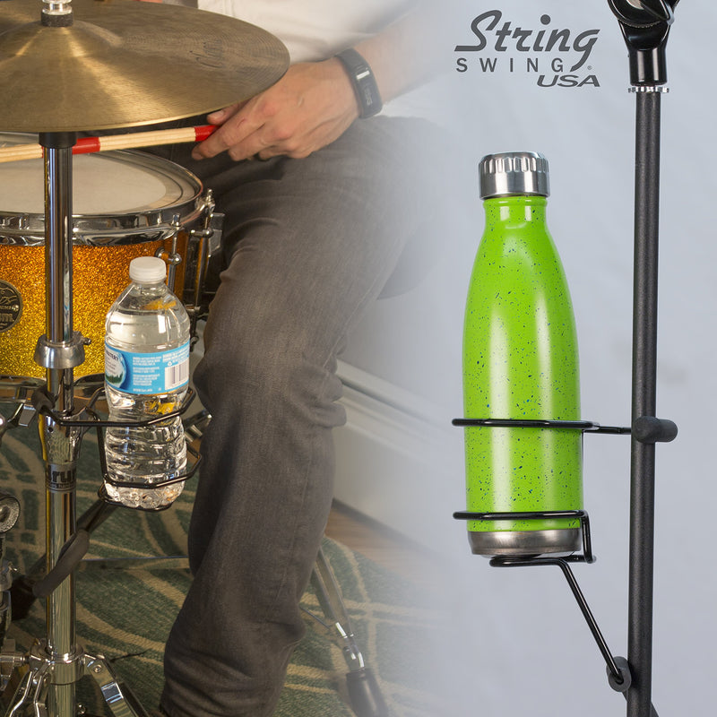 [AUSTRALIA] - Mic Stand Drink Holder - Microphone & Cymbal Pole Stagehand Music Mount for Soft Beverages Soda Can Coffee or Tea Cup and Water Bottle - Black Heavy Duty Studio Quality Made in USA - String Swing SH01 Standard 