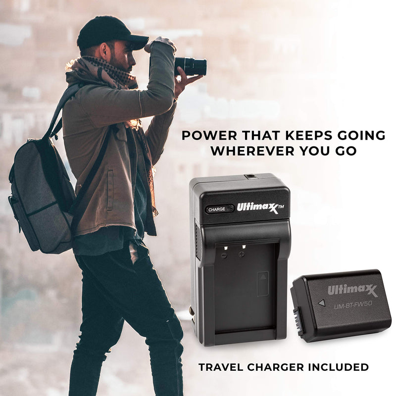 Ultimaxx Rapid Travel Charger & 2X FW50 Battery (1500mAh) for Sony A6000 A6500 A6400 A6300 A7 A7II A7SII A7S A7S2 A7R A7R2 A7RII A55 A510 RX10 RX10II