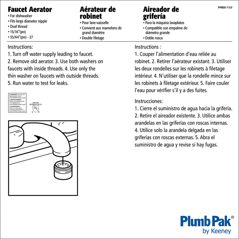 Plumb Pak PP800-11LF Faucet Aerator, 55/64-27 Id X 15/16 in Od, Chrome Plated, Brass