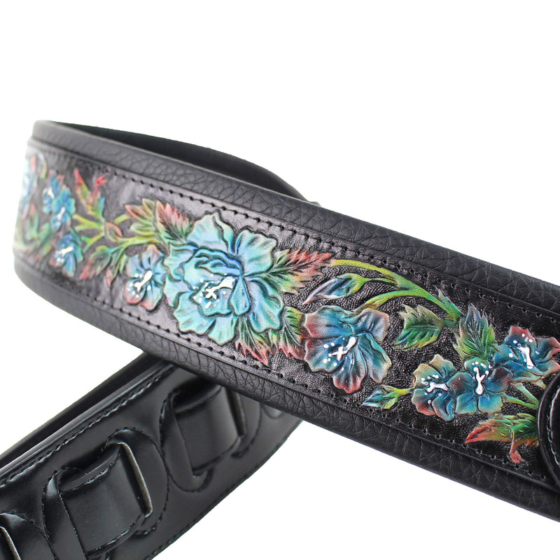 Walker And Williams KB-11 Gloss Black Strap w/Carved Cyan Blue Roses On Grain Leather