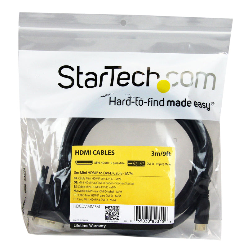 StarTech.com 3m Mini HDMI to DVI-D Cable - M/M - 3 meter Mini HDMI to DVI Cable - 19 pin HDMI (C) Male to DVI-D Male - 1920x1200 Video (HDCDVIMM3M) 10 ft / 3m