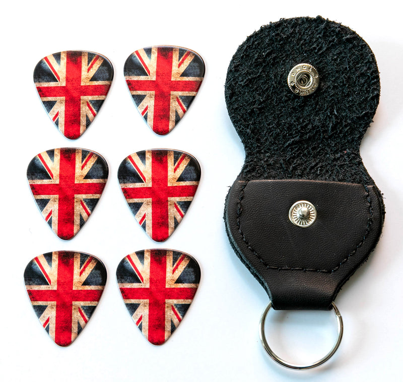 Worn Union Jack 6 Guitar Picks Double Sided With Leather Plectrum Holder Keyring