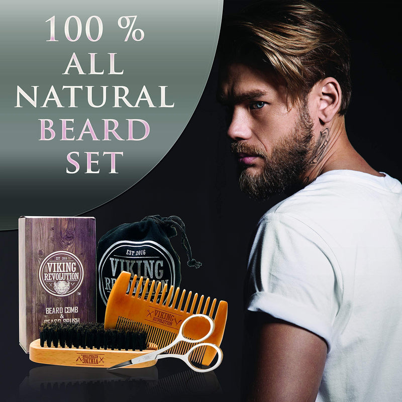 Viking Revolution Beard Comb & Beard Brush Set for Men - Natural Boar Bristle Brush and Dual Action Pear Wood Comb w/Velvet Travel Pouch - Great for Grooming Beards and Mustaches Brush & Comb Set