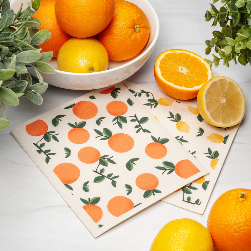 GMIcréatifs Swedish Dishcloths 4 Pack, 2 Lemons & 2 Oranges Print, Eco Friendly, Reusable Kitchen Cleaning Cloth, Machine Washable, Each 7.87”x6.88.