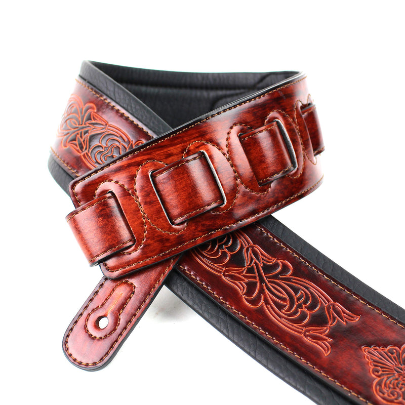 Walker And Williams GB-21 Red Bourbon Padded Leather Strap with Fleur De Lis & French Chain Design