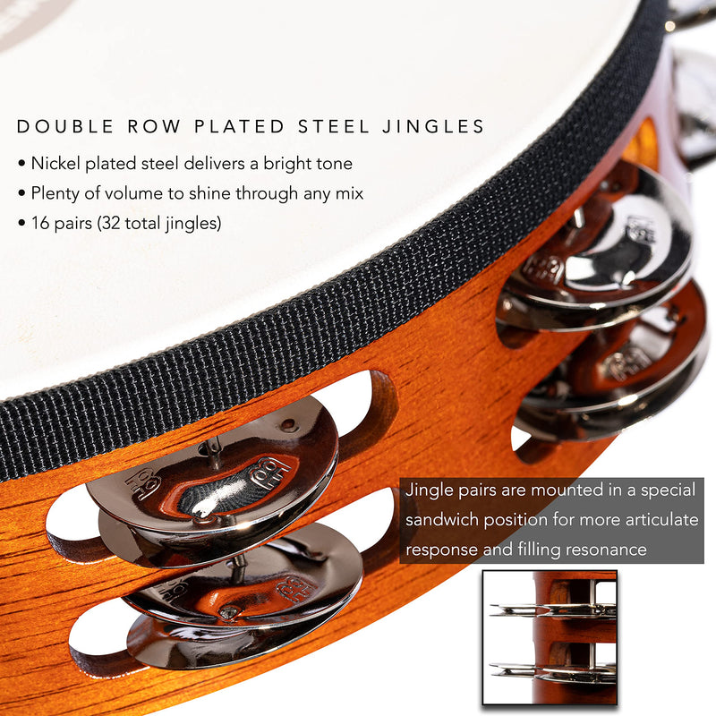 Meinl Percussion TAH2AB Traditional 10-Inch Wood Tambourine with Goat Skin Head and Steel Jingles, 2 Row Double Row Headed