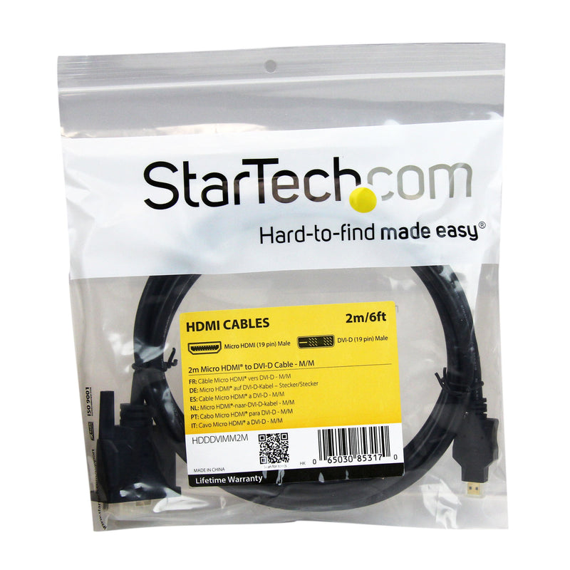 StarTech.com 2m Micro HDMI to DVI-D Cable - M/M - 2 meter Micro HDMI to DVI Cable - 19 pin HDMI (D) Male to DVI-D Male - 1920x1200 Video (HDDDVIMM2M),Black,6 ft / 2m 6 ft / 2m