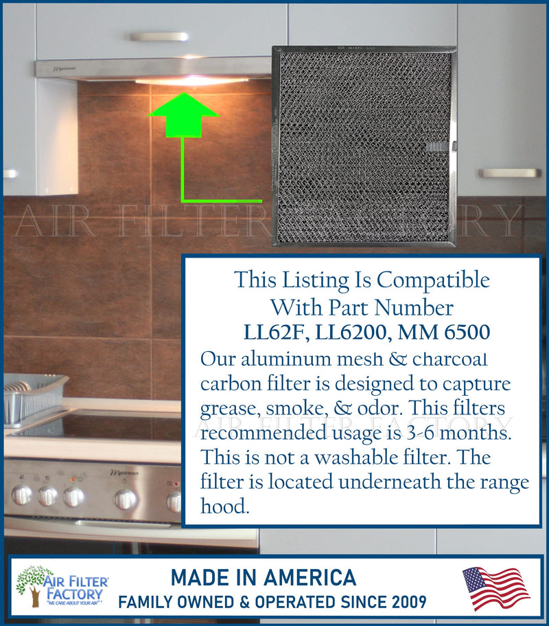 Air Filter Factory Replacement For Broan Nutone LL62F, LL6200, MM 6500 Range Hood Aluminum Grease Mesh Charcoal Carbon Combo Filter 8.5 x 11.25 x .375