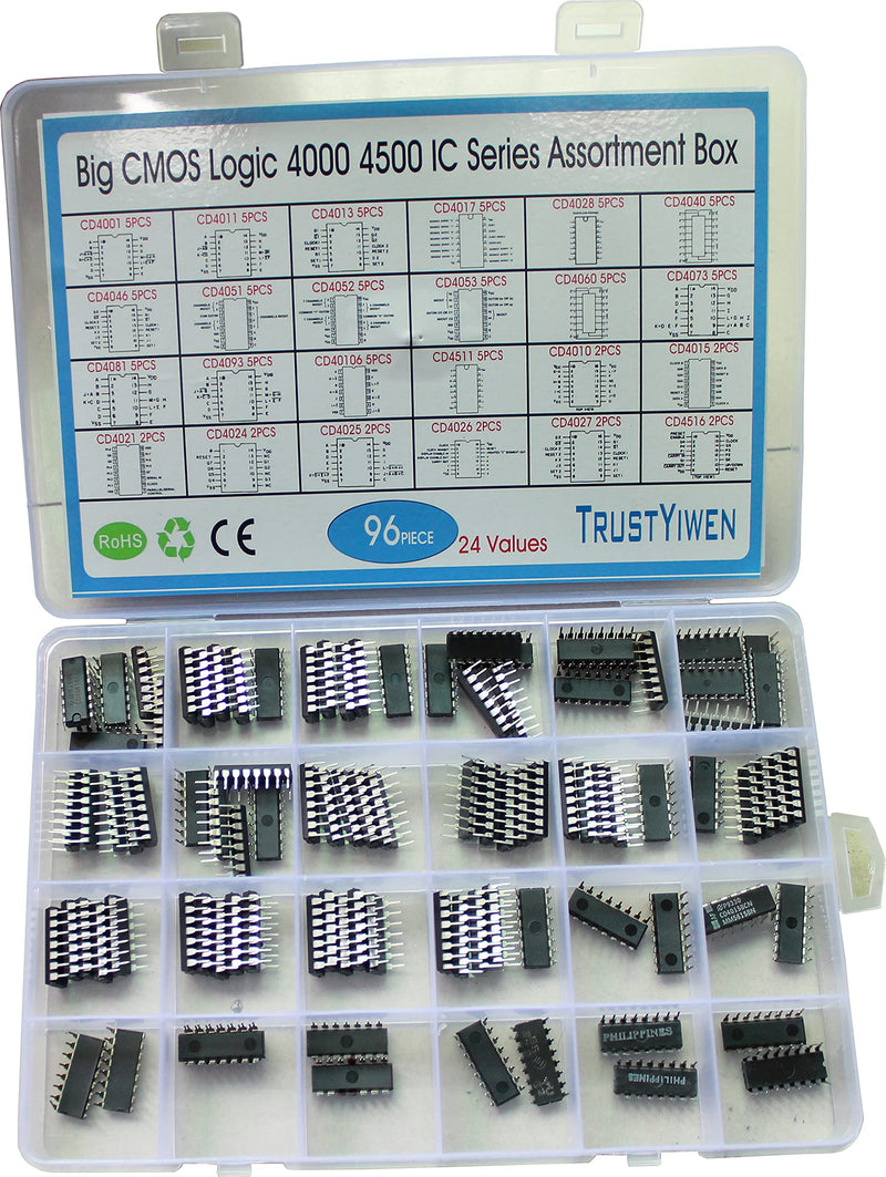 Gernal Big CMOS Logic 4000 4500 IC Series Assortment Box 24 Types, 96 pcs, CD4001 CD4011 CD4017 CD4028 CD4027 CD4040 CD4051E CD4060 CD4073 CD4081 CD4511 CD4516 CD10106 etc.