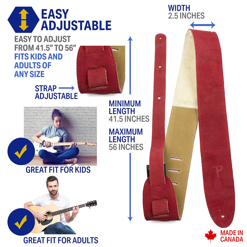 Perri’s Leathers Ltd. - Guitar Strap - Suede - Sheepskin Pad - Red - Adjustable - For Acoustic / Bass / Electric Guitars - Made in Canada (DL325S-203)