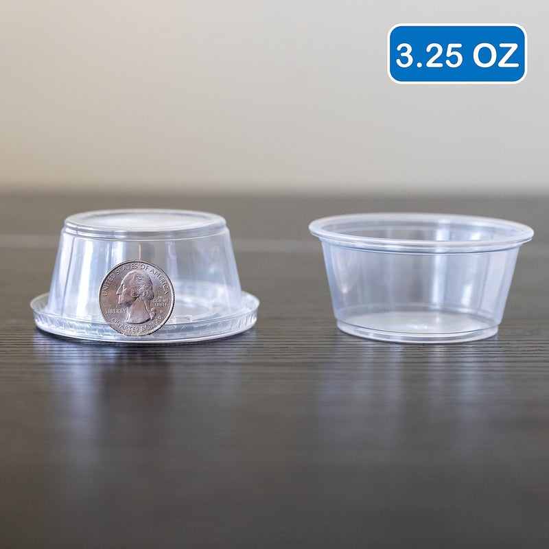 [3.25 OZ, 100 Sets] EDI Clear Disposable Plastic Portion Cups with Leakproof Lids | Jello Shot Cups | Condiment and Dipping Sauce Cups | Souffle Cups | BPA Free | Recyclable