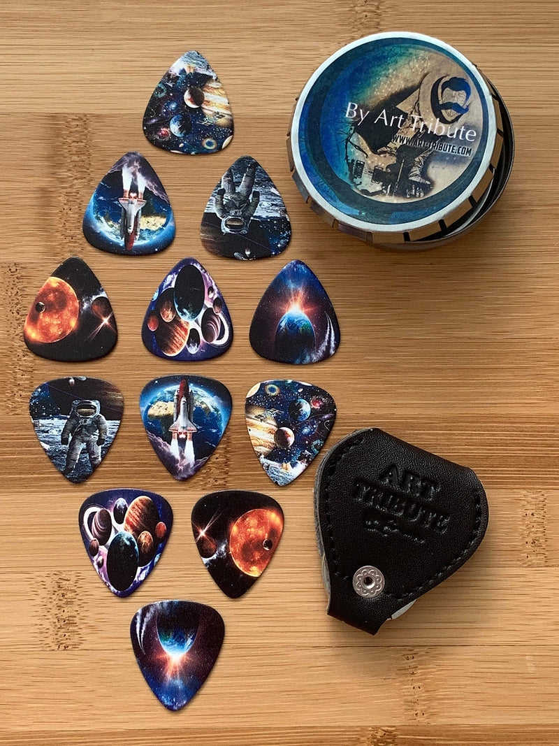 Space Guitar Picks 12 Pack W/Tin Box & Picks Holder. Celluloid Medium Cool Picks Perfect Gift For Guitar & Lover. For Acoustic Electric and Base Guitars feels like float in zero gravity while playing