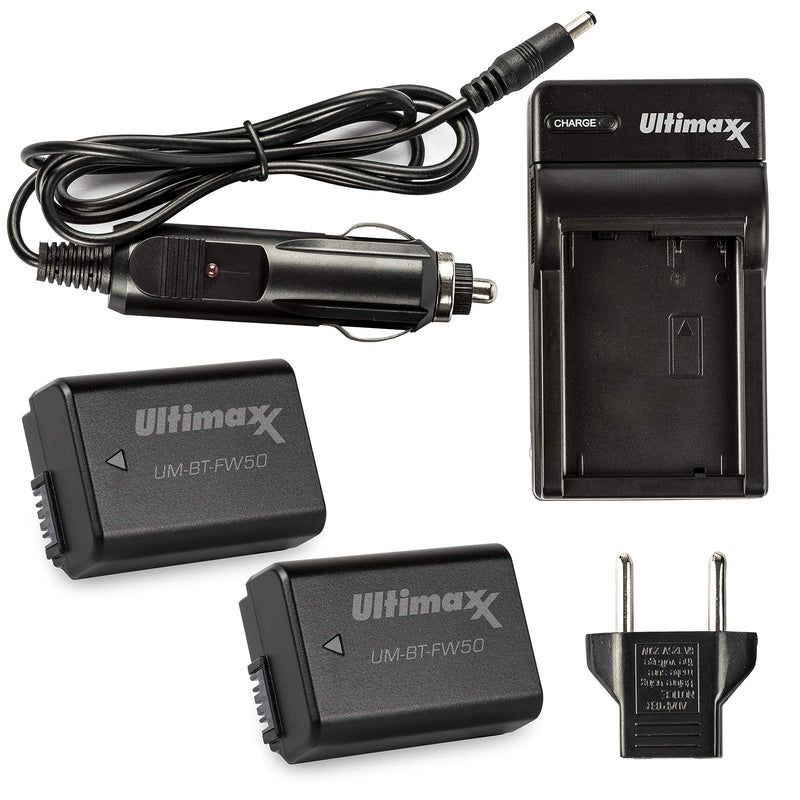 Ultimaxx Rapid Travel Charger & 2X FW50 Battery (1500mAh) for Sony A6000 A6500 A6400 A6300 A7 A7II A7SII A7S A7S2 A7R A7R2 A7RII A55 A510 RX10 RX10II