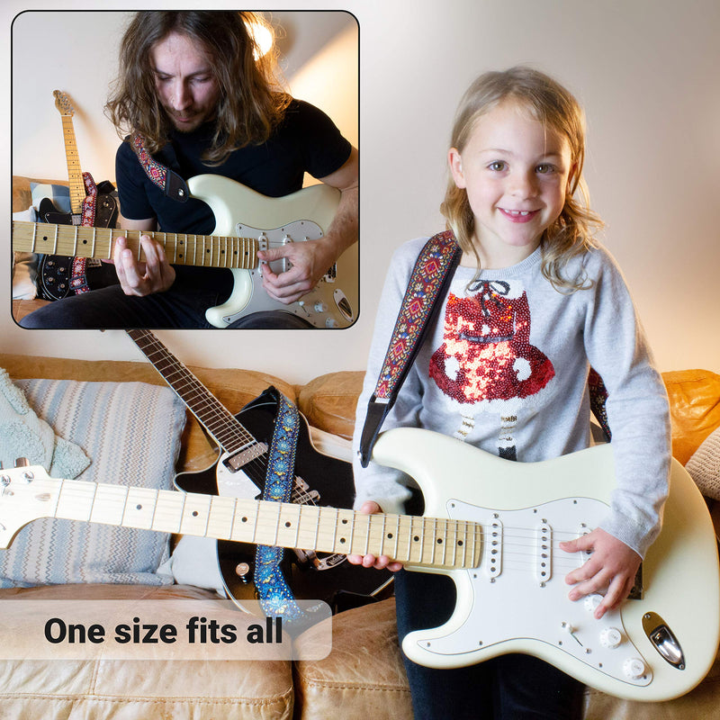 Guitar Strap Vintage Woven Jacquard With Strap Locks And Strap Button. For Bass, Electric & Acoustic Guitars. Guitarist Gift By Mighty (Firebird) Firebird
