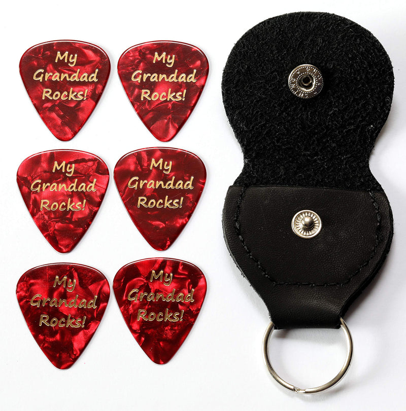 My Grandad Rocks Red Guitar Picks With Leather Plectrum Holder Keyring