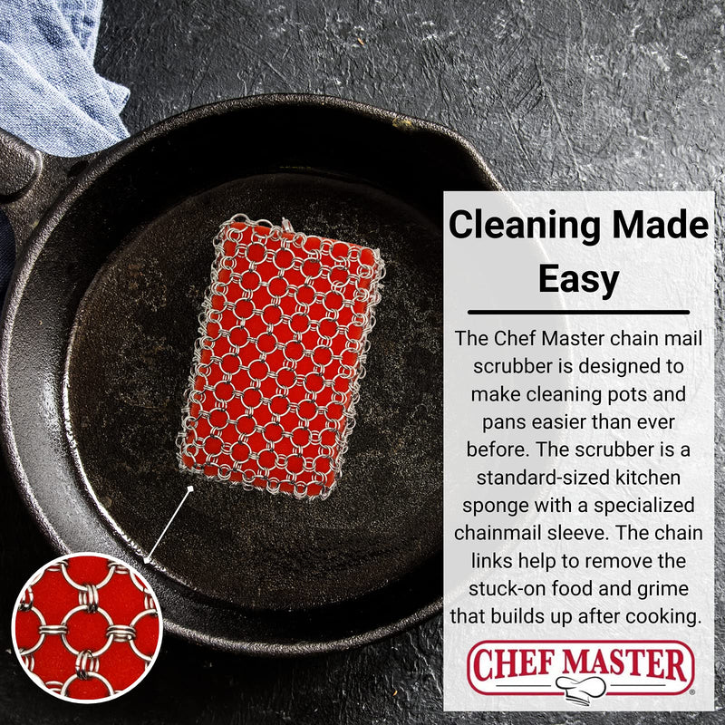 Chef Master Cast Iron Chainmail Scrubber Scrubber | Uses Standard Size Sponges | Chainmail Scrubber for Cast Iron Pans | Heavy Duty Cast Iron Scrubber