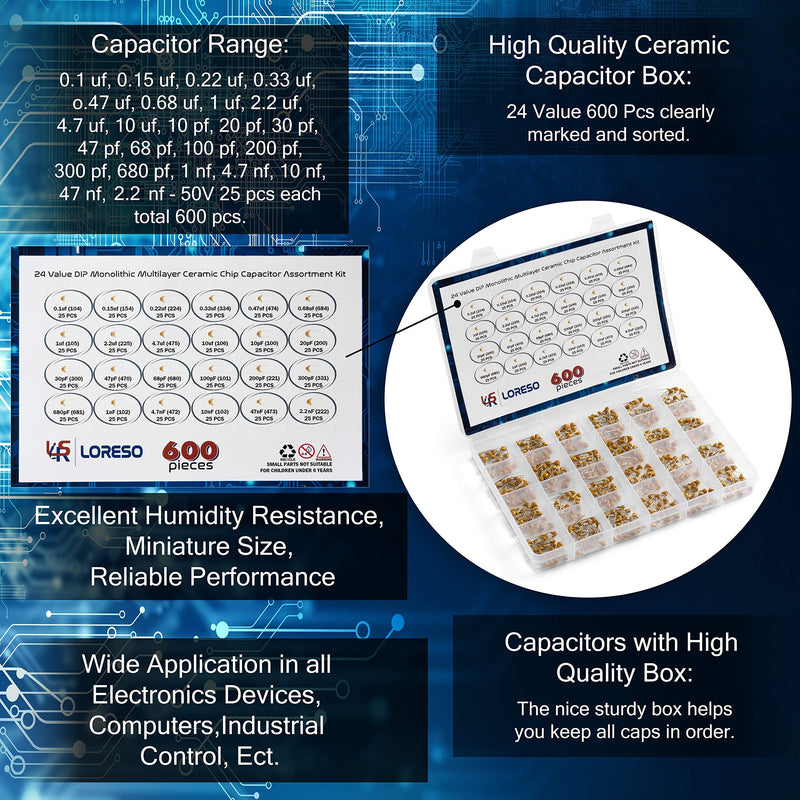 Ceramic Capacitor Assortment Kit Box by Loreso - 600 pcs 24 Value Electronics Assortment Kit Includes 10pf to 10uf 50V Ceramic Capacitors for Hobby Electronics, Audio-Video Project Electronic Repair