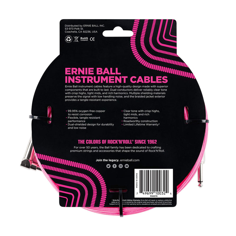 Ernie Ball P06078 10' Braided Straight Angle Inst Cable Neon Pink 10 Feet