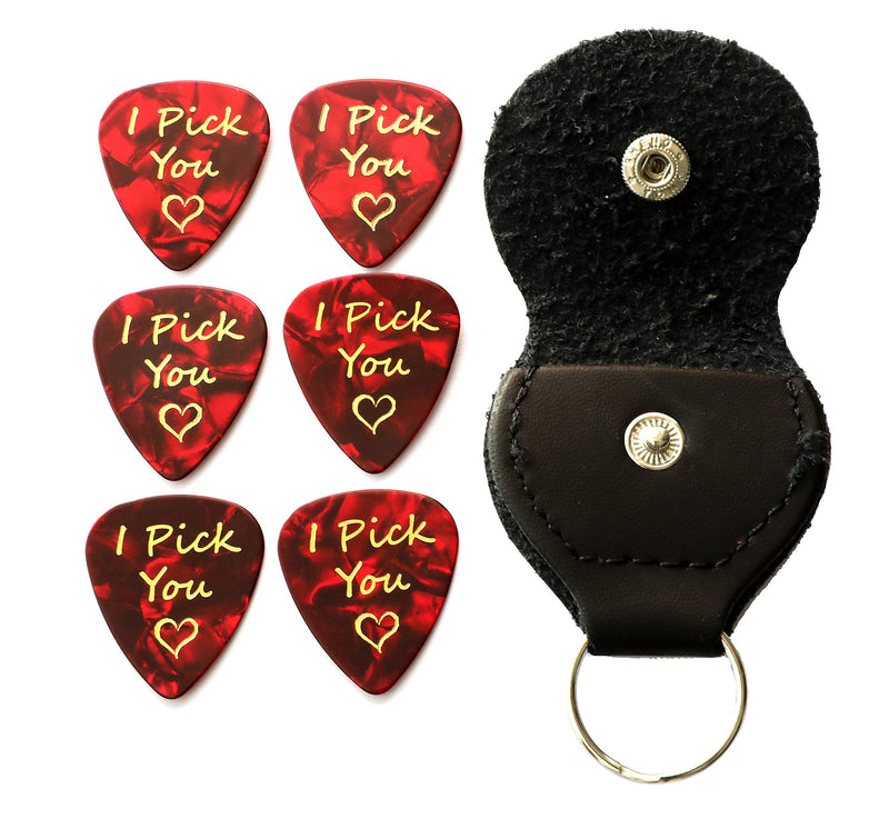 6 I Pick You Guitar Picks With Leather Plectrum Holder Keyring