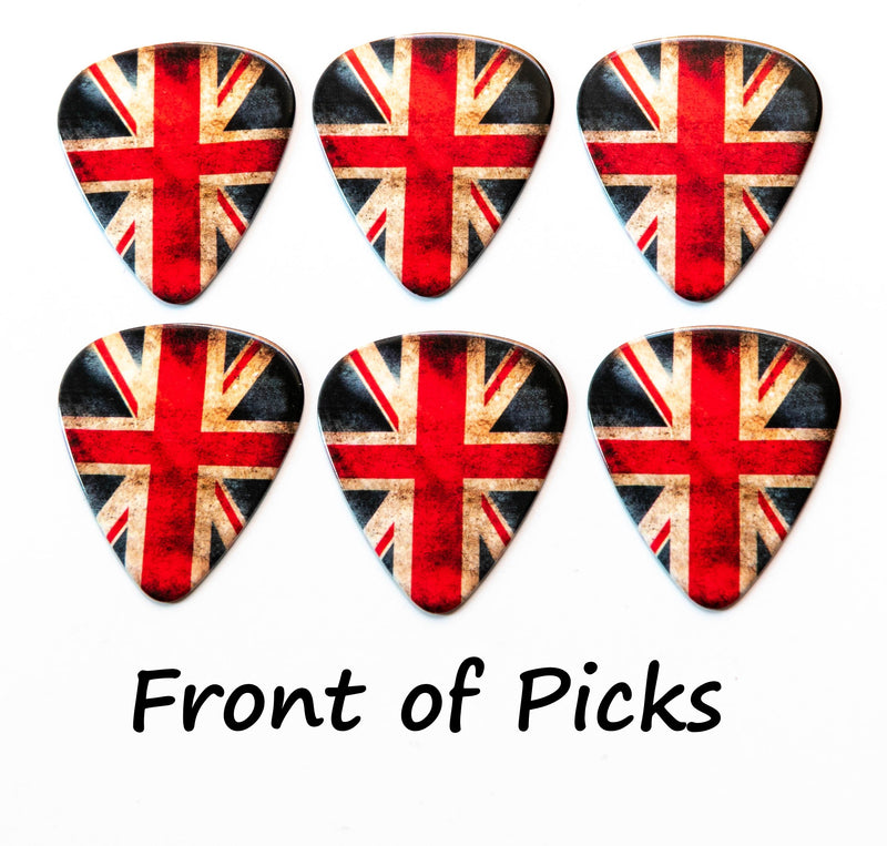 Worn Union Jack 6 Guitar Picks Double Sided With Leather Plectrum Holder Keyring