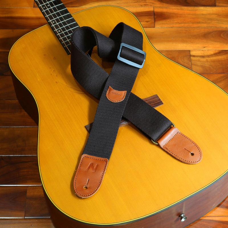 [AUSTRALIA] - Guitar Strap, 100% Cotton Full Grain Leather Ends Guitar Straps with Pick Pocket for Bass, Electric & Acoustic Guitar, Come with Free Strap Button, 1 Pair Strap Locks and 4 Guitar Picks (Black) A# - Black 
