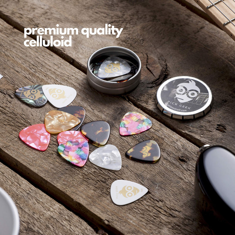 Pick Geek Guitar Picks - 16 Cool Custom Guitar Picks For Your Electric, Acoustic, or Bass Guitar - X-Heavy, Heavy, Medium & Light - Presented in a Luxury Metal Pocket Box Silver