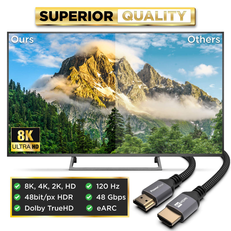 PowerBear 8K HDMI Cable 15 ft | High Speed, Braided Nylon & Gold Connectors, 8K @ 60Hz, 4K @ 120 HZ, 2K, 1080P & ARC Compatible | for Laptop, Monitor, PS5, PS4, Xbox One, Fire TV, Apple TV & More 15 Feet 1