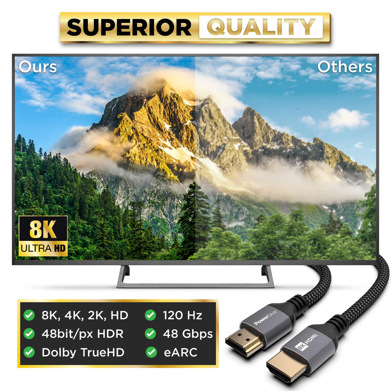 PowerBear 8K HDMI Cable 10 ft | High Speed, Braided Nylon & Gold Connectors, 8K @ 60Hz, 4K @ 120 HZ, 2K, 1080P & ARC Compatible | for Laptop, Monitor, PS5, PS4, Xbox One, Fire TV, Apple TV & More 10 Feet 1