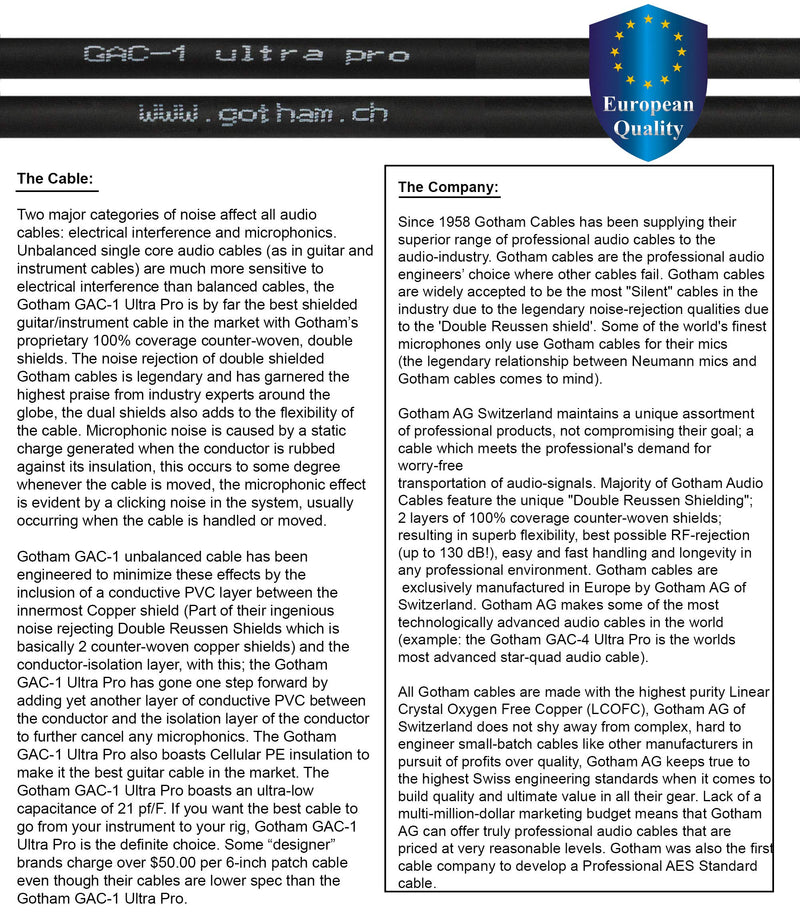 [AUSTRALIA] - 10 Foot - Gotham GAC-1 Ultra Pro - Premium Low-Cap (21 pf/F) Guitar Bass Instrument Cable – w/Neutrik Gold Straight to Angled ¼ inch (6.35mm) TS Connectors - Custom Made by WORLDS BEST CABLES 