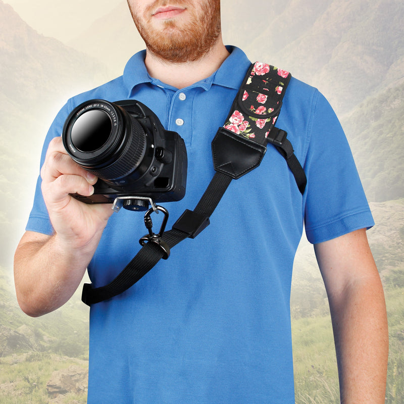 USA GEAR Camera Sling Shoulder Strap with Adjustable Neoprene, Safety Tether, Accessory Pocket, Quick Release Buckle - Compatible with Canon, Nikon, Sony and More DSLR and Mirrorless Cameras (Floral) Floral