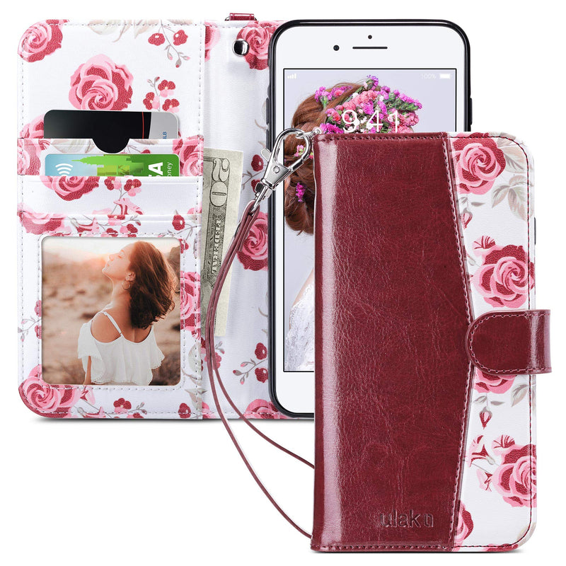 ULAK iPhone 8 Plus Case, iPhone 7 Plus Flip Wallet Case, PU Leather Wallet Case with Card Holder Kickstand Hand Strap Shockproof Protective Cover for Apple iPhone 7 Plus/8 Plus 5.5 Inch, Burgundy